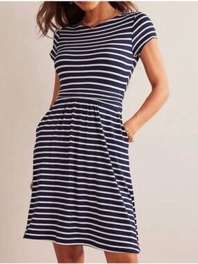 Boden - Amelie Striped Navy and White Jersey Dress with Pockets - 10 Long